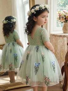 SHEIN Baby Girls' Elegant Sage Green Summer Lace Patchwork Embroidery Short Sleeve Dress,Toddler Flower Girl Floral Party Kid Spring Dress - Green - View 3
