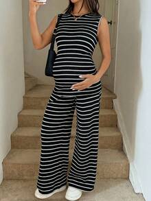 SHEIN 两件套孕妇条纹上衣和可调节腰围阔腿裤休闲日常穿搭 - 黑色 - 查看 3