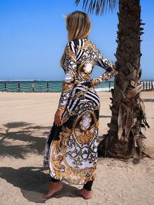 Swim Mulvari Middle Eastern Style Printed Chiffon Dress, Women's 3 Pieces Set Including Long Sleeve Burkini, Summer - Multicolor - View 2