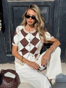 SHEIN PariChic Women's Casual Commuter Colorblock Diamond Pattern Short Sleeve Cardigan - White - View 7