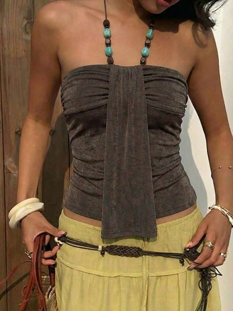 Aloruh 女士串珠装饰棕色吊带背心，春夏款 - 棕色 - 查看 1