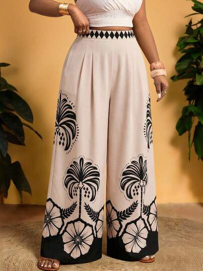 Truni Plus Size Women Loose Floral Print Casual Wide Leg Pants, Suitable For Spring/Summer Vacation, Suitable For Vacation, Dating