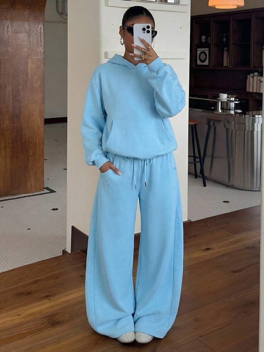 Muchica Blue Women's Autumn/Winter Thermal Lined Hoodie And Relaxed Fit Sweatpants Set - Blue - View 1