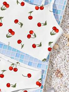 SHEIN 女童休闲可爱复古樱桃印花修身吊带背心和三角比基尼泳衣套装，适合夏季休闲度假，#Coconutgirl，可爱夏季外出穿搭，夏季儿童单品，夏季外出装备，韩版风格，返校季，返校节，复古风 - 彩色 - 查看 5