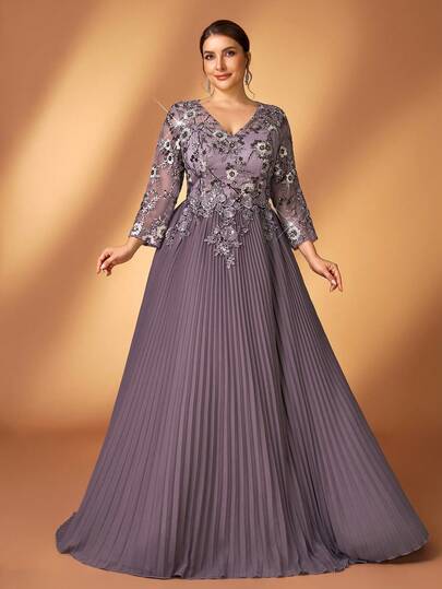 Serin Plus Size Elegant Romantic Purple Deep V Sheer 3/4 Sleeve Waist Applique Luxury Embroidered Patchwork Chiffon A-Line Dress, Suitable For Wedding, Party, Celebration, Bridal Mother Gown