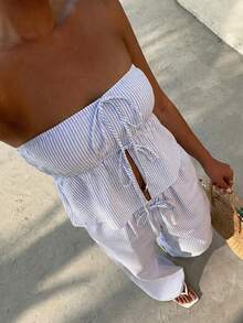 Sunnyshic Blue & White Striped Cotton Cropped Camisole With Front Tie & Open Back, Paired With Low-Waist Straight Leg Pants, Women Spring/Summer Vacation, Beach, Elegant Commute, Minimalist Everyday Casual Outfit - Blue - View 3