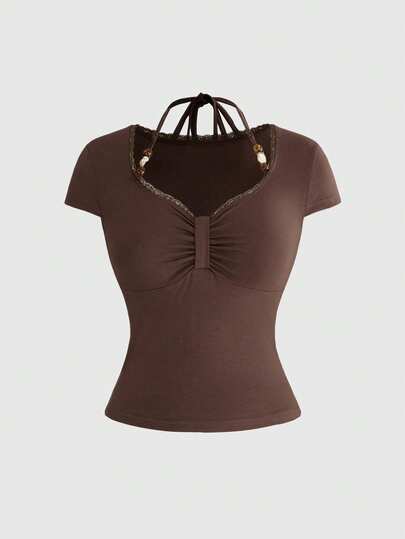 ROMWE Y2K Retro Sexy Beaded Halter V-Neck Ruffle Bowknot Short Sleeve T-Shirt For Women, Spring/Summer