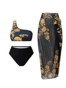 SHEIN Swim Oasis Plus Size Women 3 PiecesPrinted One-Shoulder Bikini Set, Swimsuit For Pool, Beach, Vacation - Multicolor - View 1