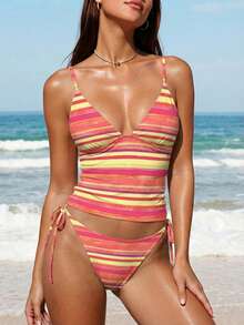 Swim Mod 26SS 女士春夏沙滩套装，青春活力甜美俏皮，撞色条纹印花蝴蝶结可调节吊带比基尼套装，性感尤物，天生丽质，游牧波西米亚风，西部牛仔女郎，加州日落，适合沙滩、度假、日常穿着 - 西瓜粉 - 查看 7