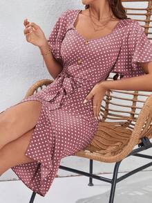 Breezaya Polka Dot Butterfly Sleeve Fake Button Split Thigh Belted Dress - Dusty Pink - View 5