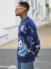 Devon Thys ANDREILEE 男士休闲恐龙印花圆领宽松套头毛衣，百搭街头风，适合春、秋、冬三季穿着。 - 藏蓝色 - 查看 6