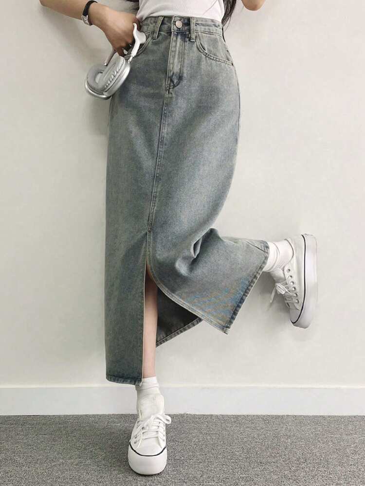 High-Low Hem Washed Denim Skirt Jeans Skirt