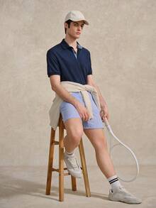 Courvante 男士條紋短袖休閒通勤 Polo 衫，適合網球高爾夫，字母條紋皇家藍，附口袋，透氣，標準版型 - 寶藍色 - 查看 8