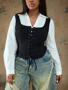 Truni 大码纯色前系带宽松休闲衬衫 - 黑色 - 查看 8