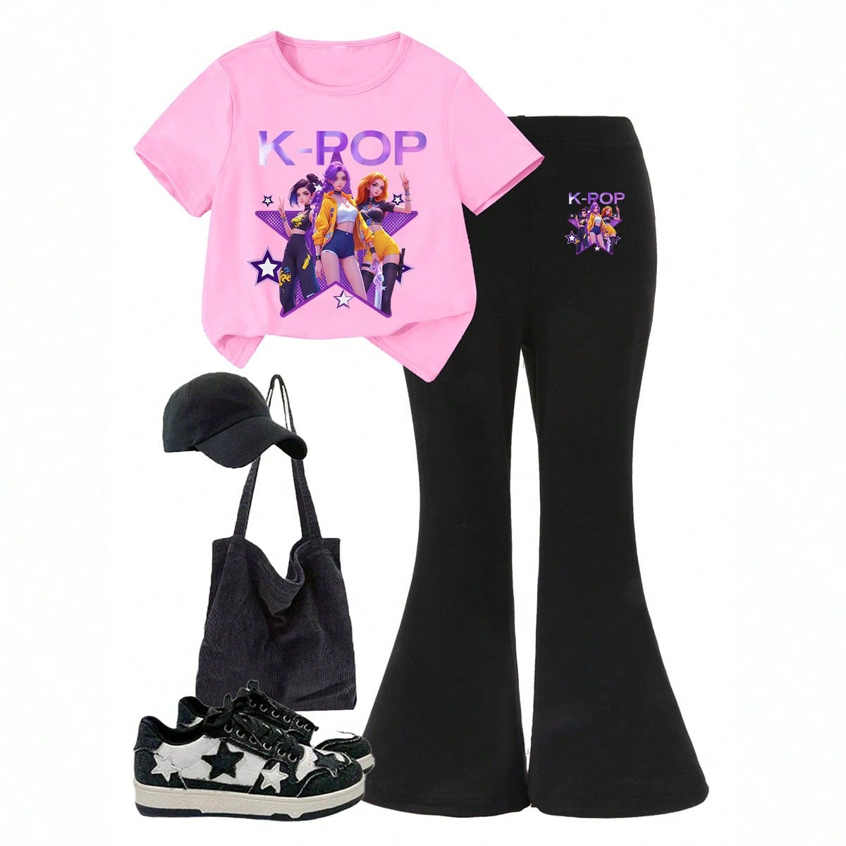Conjunto de Camiseta de manga corta con cuello redondo y estampado gráfico de grupo de chicas K-POP y pantalones acampanados para niña joven, cómod