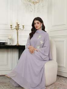 Al Najma Women's Elegant Beaded Embroidery Loose Arabic Style Dress, Autumn - Dusty Purple - View 4