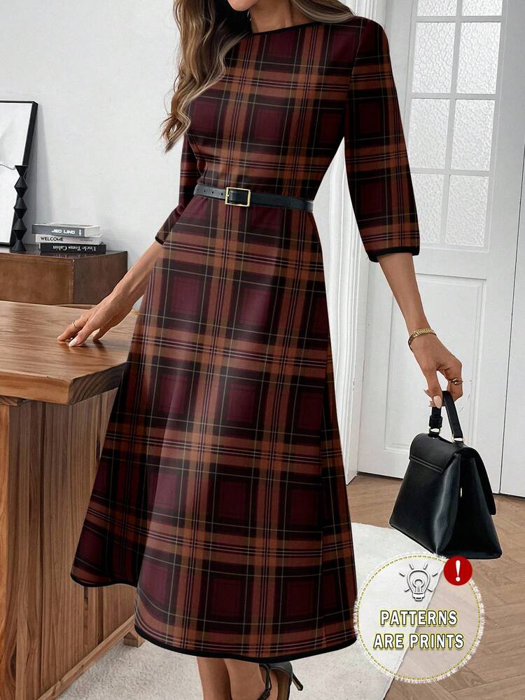 Women's Plaid Round Neck 3/4 Sleeve Elegant Mid-Length Dress Checkered Dress Autumn Dress Plaid Dress Women Teacher Dresses For Woman,Fall,Fall Clothes For Women,Casual