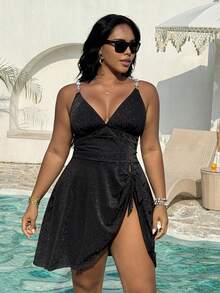 Swim Lushoire Plus Size Women's Solid Color Strap Bikini Two Pieces Swimwear - Black - View 5