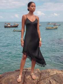 CAJUNI Đầm midi nữ phối ren, kiểu dáng thường ngày, thích hợp cho kỳ nghỉ, đi biển. - màu đen - Xem 3