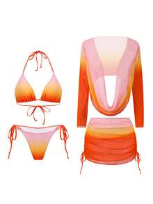 Swim SXY Bộ đồ bơi 4 món dành cho nữ: Áo hai dây hở lưng, áo sơ mi buộc dây bên hông, quần bơi buộc dây bên hông, chân váy ngắn buộc dây bên hông - Bộ bikini gợi cảm. - Nhiều màu - Xem 2