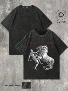 Manfinity EMRG 男士街头风极简设计纯棉短袖T恤，做旧水洗效果，休闲舒适，适合日常休闲穿着、娱乐休闲、时尚穿搭、街头风尚、节日礼物。 - 黑色 - 查看 3