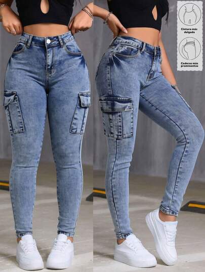 Jeans Cargo Ajustados con Elasticidad de Cintura Media de Varios Colores para Mujer, Pantalones que Levantan las Nalgas
