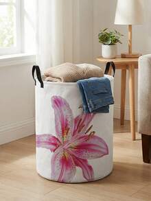ROMWE Kawaii 粉色百合花图案印花圆形收纳盒，适合存放衣物和书籍，方便用作洗衣篮 - 百合 - 查看 2