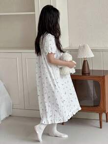 DAZY Tween Girls Soft & Comfortable Printed Ruffle Collar Long Sleeve Dress, Casual Loungewear - White - View 2