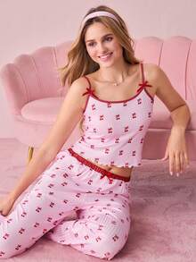 Bonmuse 2pcs Contrast Trim Camisole & Bowknot Cherry Print Women Knit Pajama Set - Multicolor - View 8