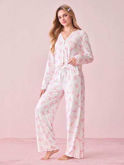 SHEIN 甜美清新蝴蝶结印花女士睡衣套装，ins风粉色蝴蝶结睡衣套装，秋冬服装