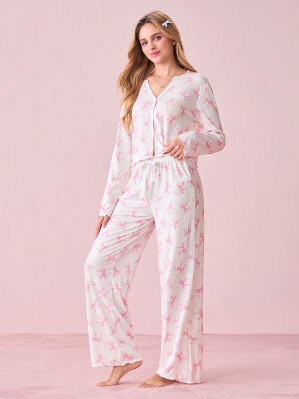 SHEIN 甜美清新蝴蝶结印花女士睡衣套装，ins风粉色蝴蝶结睡衣套装，秋冬服装