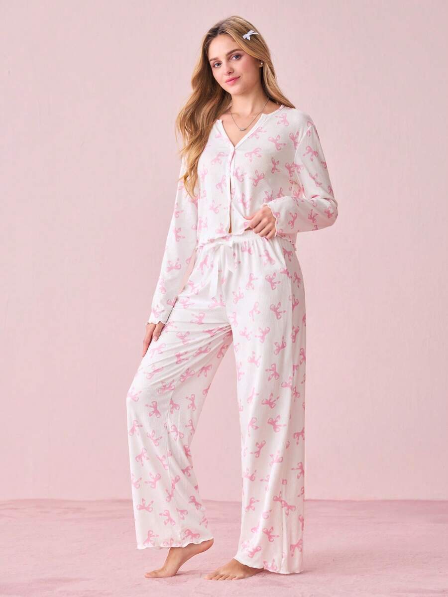 SHEIN 甜美清新蝴蝶结印花女士睡衣套装，ins风粉色蝴蝶结睡衣套装，秋冬服装 - 彩色 - 查看 1