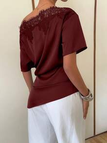 Siren Gaze Women's Lace Patchwork Satin Blouse With Asymmetrical Shoulder Neckline - Burgundy - View 2