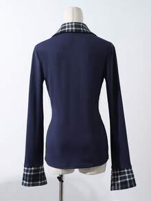 Lalippa 新款复古二合一格子拼接黑色 Polo 领长袖 T 恤 - 藏蓝色 - 查看 2