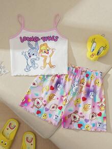 LOONEY TUNES X SHEIN Young Girl Cartoon Print Camisole Top And Shorts Pajama Set - Multicolor - View 1