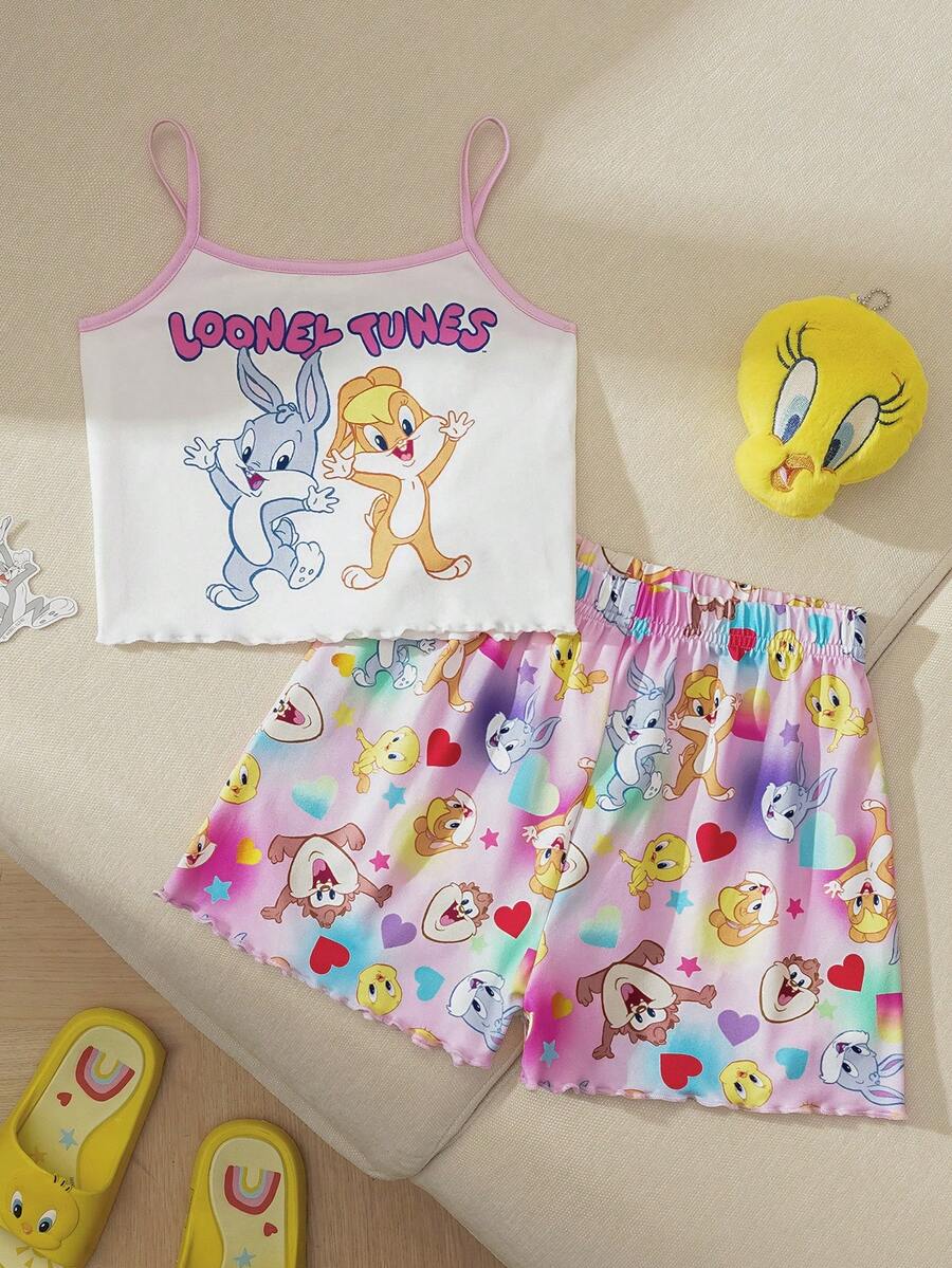 LOONEY TUNES X SHEIN Young Girl Cartoon Print Camisole Top And Shorts Pajama Set - Multicolor - View 1
