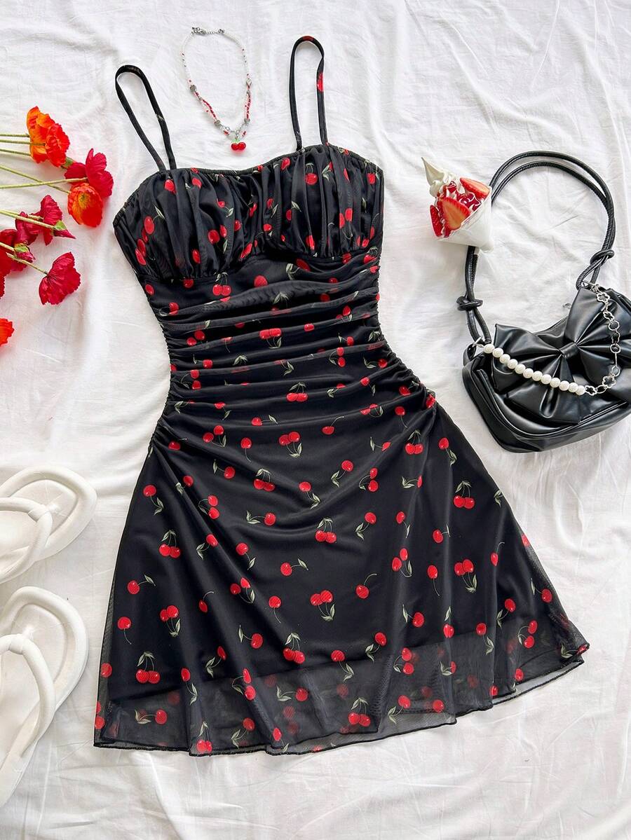 Soleia Đầm slip lưới họa tiết hoa xanh trắng dành cho nữ, thích hợp cho kỳ nghỉ hè. - màu đen - Xem 1