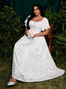 Roveilla 大码方领荷叶袖镂空提花雪纺优雅复古可爱度假派对连衣裙，飘逸裙摆 - 白色 - 查看 3