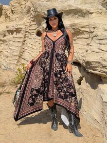 Rustia Vestido camisero largo con escote en V profundo, cintura asimétrica y sin mangas, talla grande - Multicolor - Ver 1