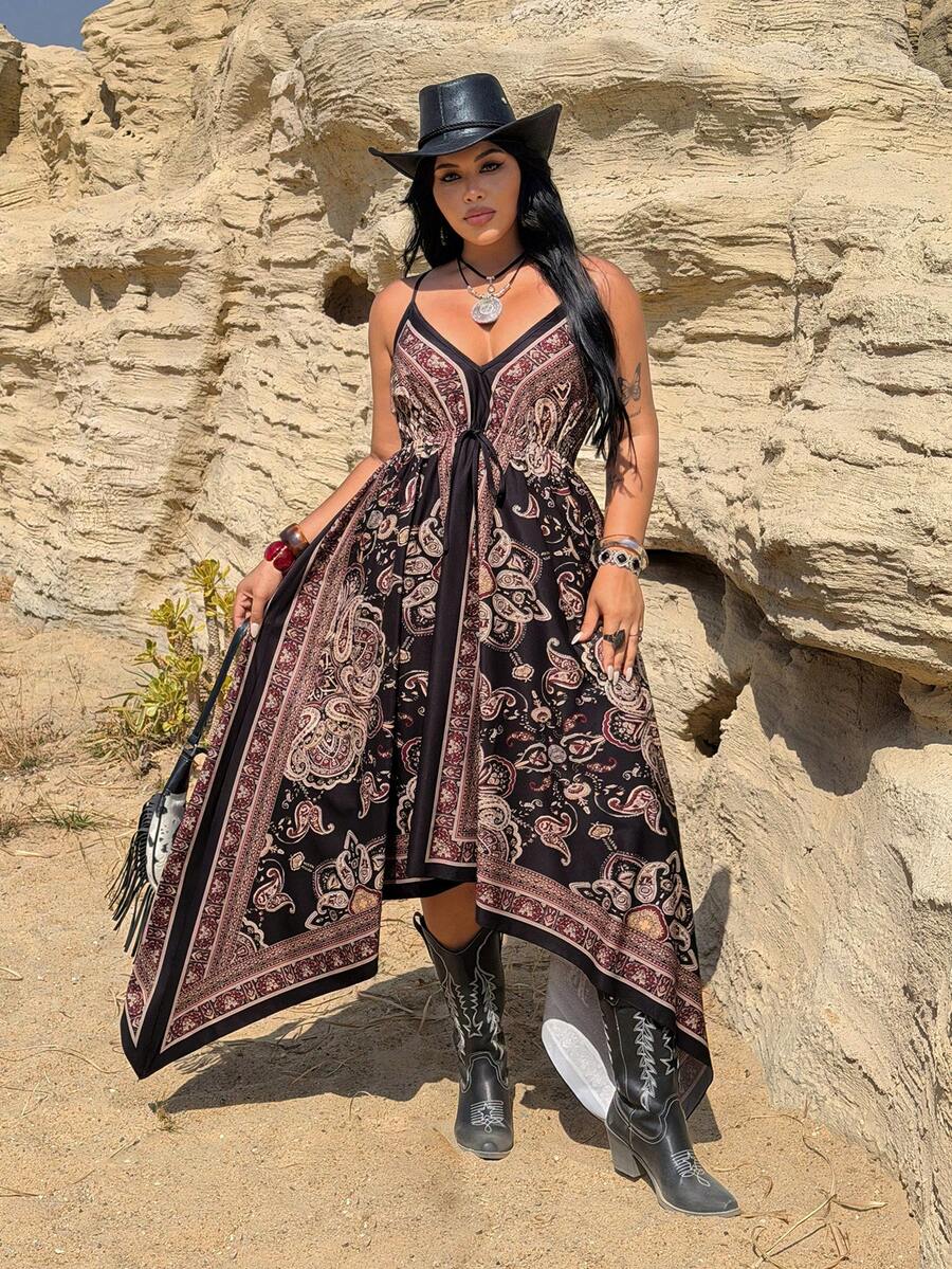 Rustia Vestido camisero largo con escote en V profundo, cintura asimétrica y sin mangas, talla grande - Multicolor - Ver 1