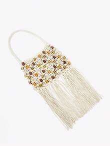 Viva Strut 女士单肩包、流浪包、钩针编织包，饰有流苏和串珠，时尚、优雅、简约、个性化、百搭，适合海滩、度假、假日、夏季、海边、沙滩派对等场合 - 米白色 - 查看 5