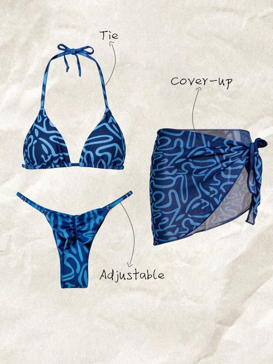 Elavelle 3pcs/Set Women's Random Print Halter Neck Bikini Set, Spring/Summer - Multicolor - View 1