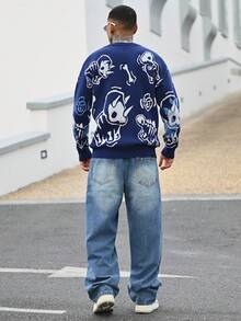Devon Thys ANDREILEE 男士休闲恐龙印花圆领宽松套头毛衣，百搭街头风，适合春、秋、冬三季穿着。 - 藏蓝色 - 查看 5