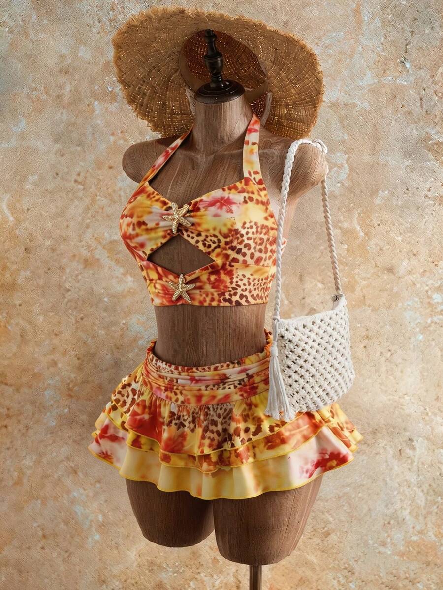 Mistrie Bộ đồ hai mảnh mùa hè mới dành cho nữ, kiểu dáng thường ngày, họa tiết da báo gợi cảm, khoét eo, phù hợp cho các lễ hội âm nhạc, lễ Phục sinh, sinh nhật, lễ tốt nghiệp, mặc hàng ngày, kỳ nghỉ, du lịch biển, tắm nắng. - Nhiều màu - Xem 1