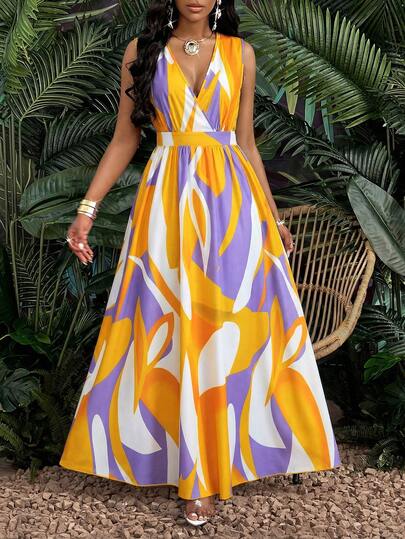 Brilight فستان ماكسي للنساء بقصة مناسبة وقابل للتمدد، بطبعة استوائية وياقة على شكل حرف V وقسم الخصر مصنوع من الكابل المحبوك