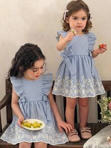 SHEIN LMoss Kids Babygirl Cute Casual Summer Striped Embroidered Peter Pan Collar Dress - Blue - View 2