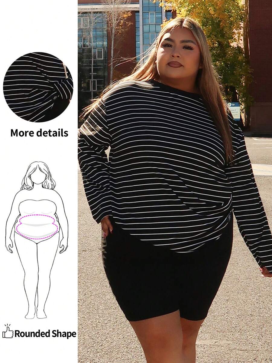 Enliva Áo thun cổ tròn tay dài màu đen trắng họa tiết sọc ngang vai cỡ lớn dành cho nữ - Đen và trắng - Xem 1