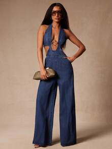 NYA SZN Denim Jumspuit Hardware Easter St. Patricks Day Brunch Casual Everyday Going Out Office Siren Western Country Date Night Elegant Luxury Cotton Medium Wash Outfits For Women - Dark Wash - View 6