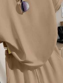 Resyla Plus Size Women Solid Color Round Neck Short Sleeve Top And Shorts Casual Daily Outfit - Coffee Brown - View 8