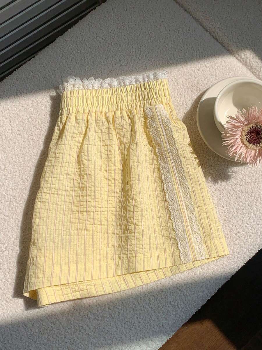 Comfortcana 女士条纹蕾丝边短裤，夏季 - 黃色 - 查看 1